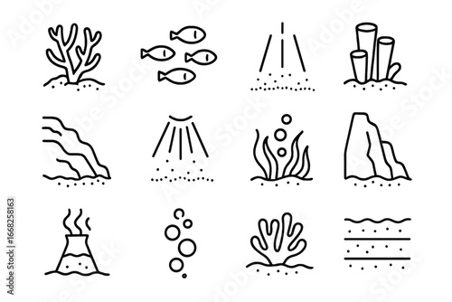 Underwater Ecosystem Icons. Outline icon set of underwater ecosystems: reef coral, fish school, sea sponge,