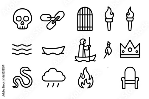 Underworld Myth Icons. Outline icon set of underworld myths: skull, chains, gate, torch, river, boat, ferryman