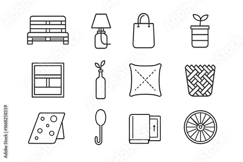 Upcycling Project Icons. Outline icon set of upcycling projects: pallet furniture, glass jar lamp, fabric tote