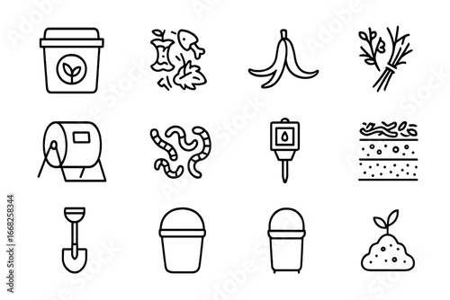 Urban Composting Icons. Outline icon set of urban composting: compost bin, food scraps, banana peel, garden