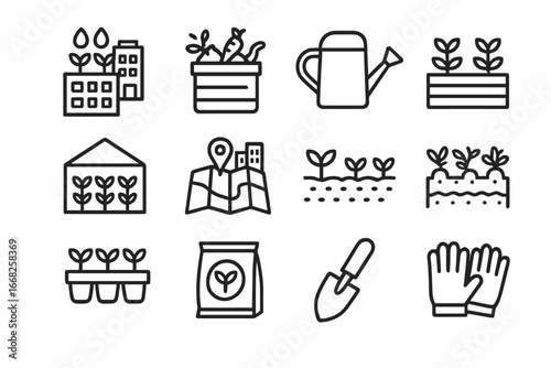 Urban Farming Icons. Outline icon set of urban farming initiatives: rooftop garden, compost bin, watering can,