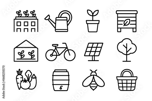 Urban Agroecology Icons. Outline icon set of urban agroecology: rooftop garden, watering can, pot plant,