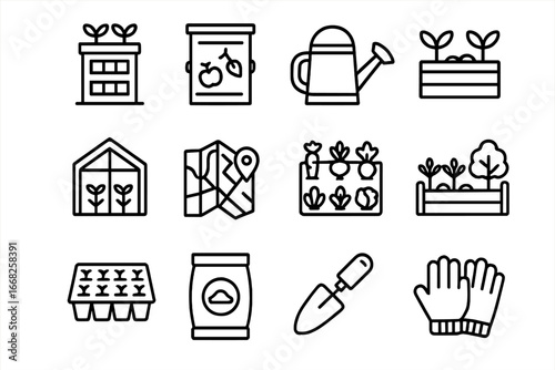 Urban Farming Icons. Outline icon set of urban farming initiatives: rooftop garden, compost bin, watering can,