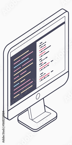 Minimilist isometric view of a computer monitor displaying code with colorful syntax highlighting and a clean design vector