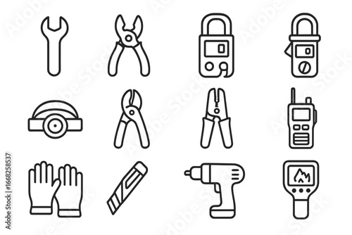 Utility Tools Icon Set. Outline icon set of utility field tools: wrench, pliers, voltmeter, clamp meter,