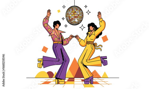 Groovy Retro Disco Style Couple Dancing Under a Mirror Ball A Funky, Vibrant Illustration