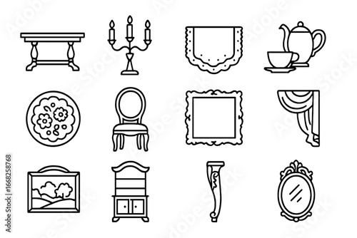 Vintage Dining Icons. Outline icon set of vintage formal dining charm: antique table, candleabra, lace runner,