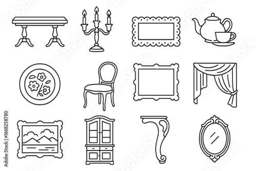 Vintage Dining Icons. Outline icon set of vintage formal dining charm: antique table, candleabra, lace runner,
