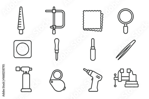 Vintage Jewelry Tools Icons. Outline icon set of vintage jewelry tools: ring mandrel, jeweler’s saw, polishing