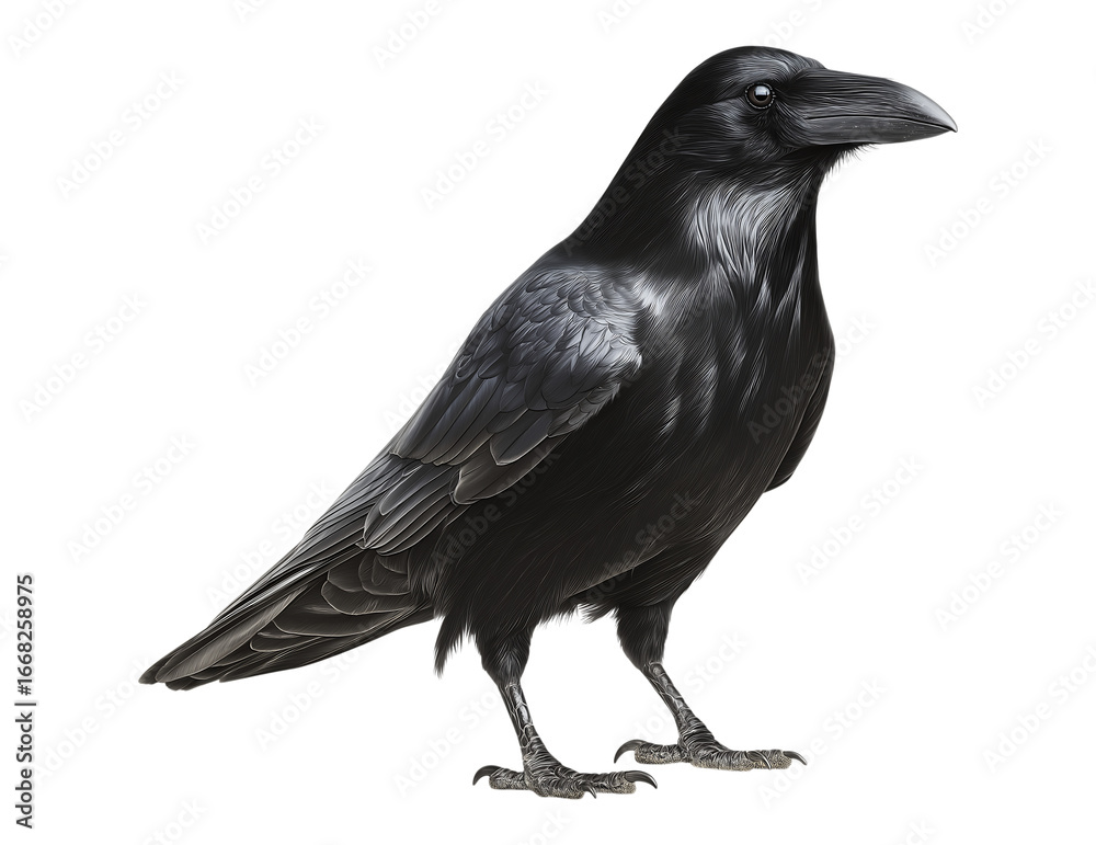 Obraz premium Majestic Black Raven: Detailed Feather Portrait Against a Stark isolated on a transparent background