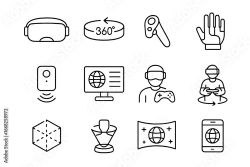 Virtual Reality Icons. Outline icon set of virtual reality: VR headset, 360 view, hand controller, VR gloves,