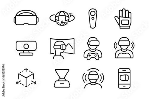 Virtual Reality Icons. Outline icon set of virtual reality: VR headset, 360 view, hand controller, VR gloves,