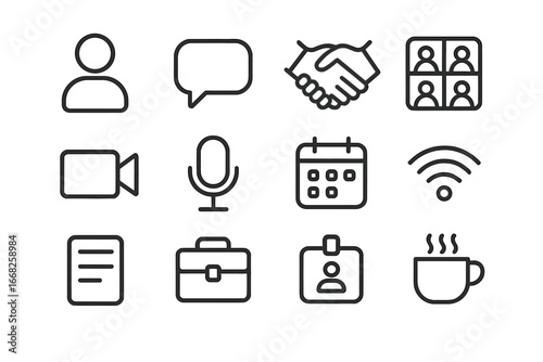 Virtual Event Icons. Outline icon set of virtual networking events: user profile, chat bubble, handshake icon,