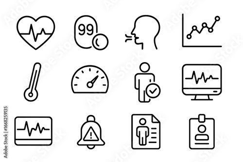 Vital Signs Icons. Outline icon set of vital signs tracking: heart rate line, oxygen level, respiration rate,