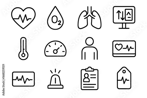 Vital Signs Icons. Outline icon set of vital signs tracking: heart rate line, oxygen level, respiration rate,