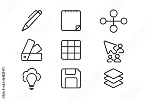 Virtual Whiteboarding Icons. Outline icon set of virtual whiteboarding: digital pen, sticky note, sketch pad,