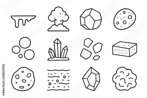 Volcanic Material Icons. Outline vector icons of volcanic materials: molten lava, volcanic ash, obsidian rock,