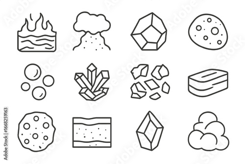 Volcanic Material Icons. Outline vector icons of volcanic materials: molten lava, volcanic ash, obsidian rock,