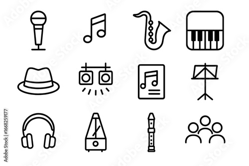 Vocal Improvisation Icons. Outline icon set of vocal improvisation: microphone, music notes, saxophone, piano,