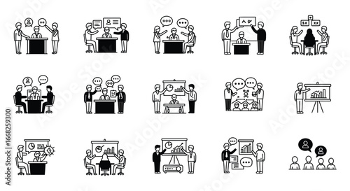Various business people communicating and presenting in meetings