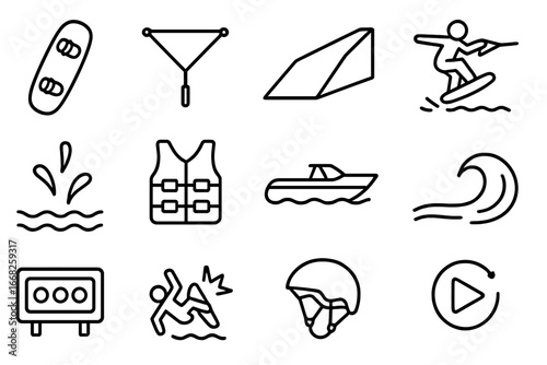 Wakeboarding Event Icons. Outline vector icons of wakeboarding events: wakeboard, rope handle, jump ramp,