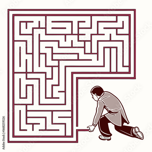 Minimilist man entering a maze with a determined look on his face ready to solve the complex puzzle ahead of him vector