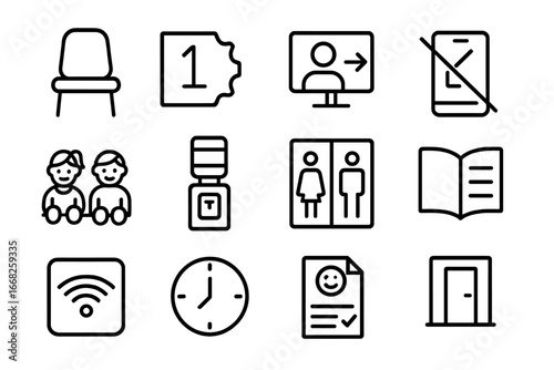 Waiting Room Signage Icons. Outline icon set of waiting room signage: seat icon, queue ticket, screen call,