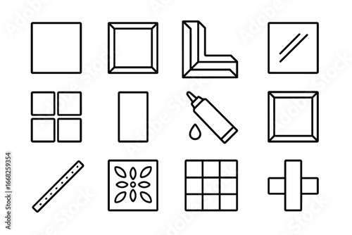Wall Panel Icons. Outline icon set of mirrored wall panels: wall panel, beveled panel, corner mount,