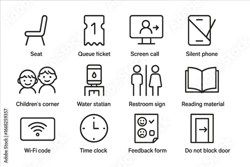 Waiting Room Signage Icons. Outline icon set of waiting room signage: seat icon, queue ticket, screen call,