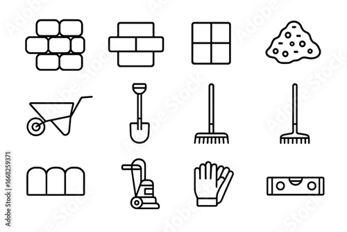 Walkway Upgrade Icons. Outline icon set of walkway and driveway upgrades: paving stones, brick, concrete slab,