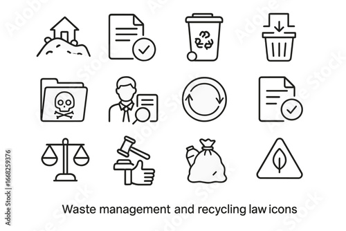 Waste Law Icons. Outline icon set of waste management and recycling law: landfill regulation, waste permit,