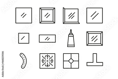 Wall Panel Icons. Outline icon set of mirrored wall panels: wall panel, beveled panel, corner mount,