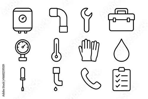 Water Heater Repair Icons. Outline icon set of water heater repair: water heater, pipe, wrench, toolbox, gauge