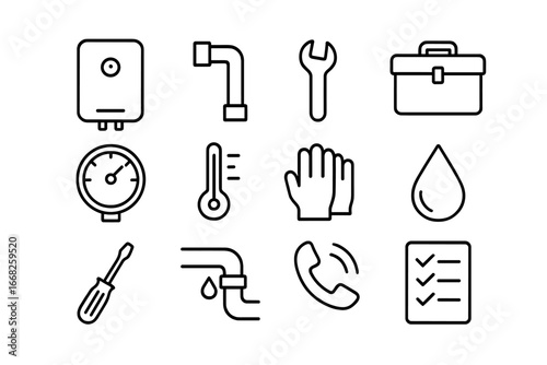Water Heater Repair Icons. Outline icon set of water heater repair: water heater, pipe, wrench, toolbox, gauge