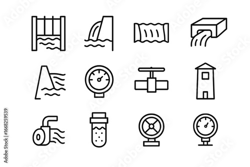 Water Management Icons. Outline icon set of water flow management: sluice gate, spillway, weir, channel,