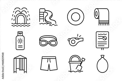 Water Play Icons. Outline icon set of water play events: splash pad, water slide, floaty tube, towel icon,