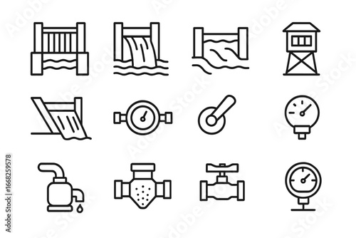 Water Management Icons. Outline icon set of water flow management: sluice gate, spillway, weir, channel,