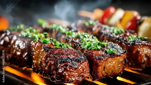 Sizzling cuts of perfectly grilled meat, a culinary masterpiece. Each succulent morsel is a testament to the art of outdoor cooking.