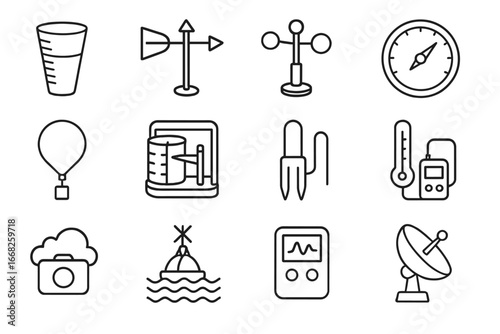 Weather Instruments Icons. Outline icon set of climate data collection: rain gauge, wind vane, anemometer,