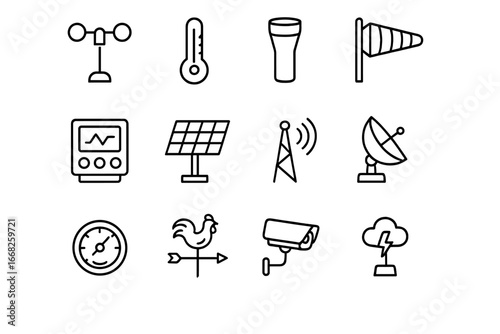 Weather Station Icons. Outline icon set of weather station equipment: anemometer, thermometer, rain gauge,