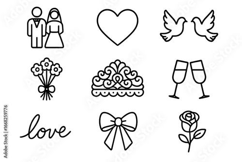 Wedding Icon Set. Outline icon set of wedding cake toppers: bride and groom, wedding rings, heart, doves,