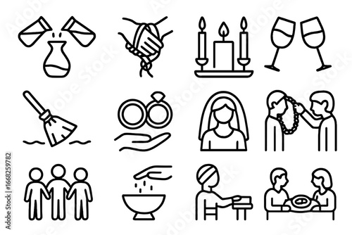 Wedding Ritual Icons. Outline icon set of symbolic wedding rituals: sand ceremony, handfasting cord, unity