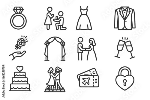 Wedding Icon Set. Outline icon set of engagement and marriage: engagement ring, proposal pose, wedding dress,