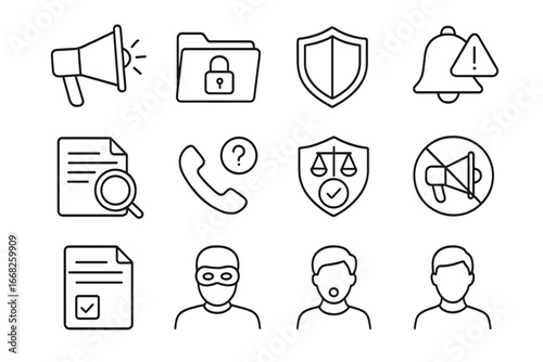 Whistleblower Protection Icons. Outline vector icons of whistleblower protection: megaphone icon, secure