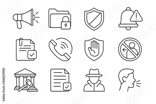 Whistleblower Protection Icons. Outline vector icons of whistleblower protection: megaphone icon, secure