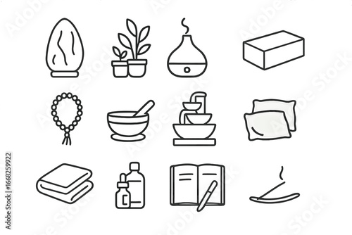 Wellness Space Icons. Outline icon set of wellness space setup: Himalayan salt lamp, green plants, diffuser,