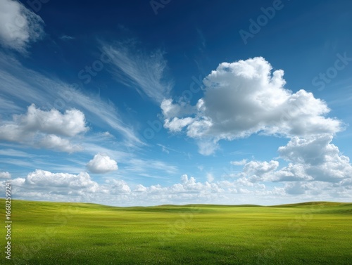 Expansive Blue Sky with Wispy Clouds over Green Grassy Field on a Sunny Day Creating a Serene Outdoor Landscape
