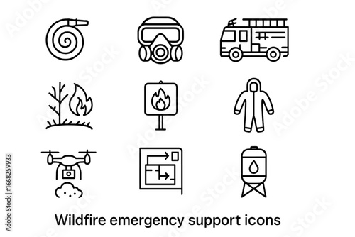Wildfire Emergency Icons. Outline icon set of wildfire emergency support: fire hose, smoke mask, fire truck,