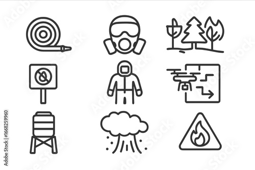 Wildfire Emergency Icons. Outline icon set of wildfire emergency support: fire hose, smoke mask, fire truck,