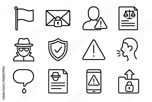Whistleblowing Icon Set. Outline icon set of whistleblowing and reporting injustice: report flag, secure